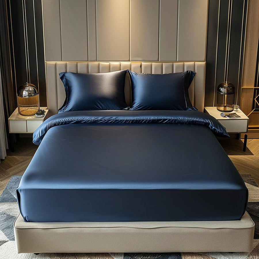 Blue Premium Satin Elastic Fitted Sheets with 2 Pillow Covers