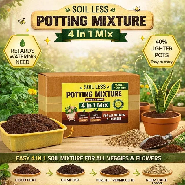 4-in-1 Soil Less Potting Mixture - Cocopeat, Vermiculite, Neem Khad, Organic Plant Food (100gm Each) (4 Packets)